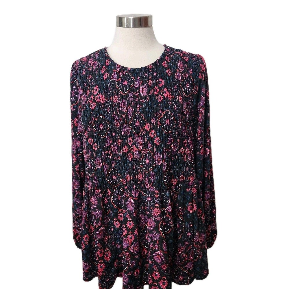 Torrid Womens Top Size 3X  Black Pink Floral Smocked Babydoll Pullover Long Slv
